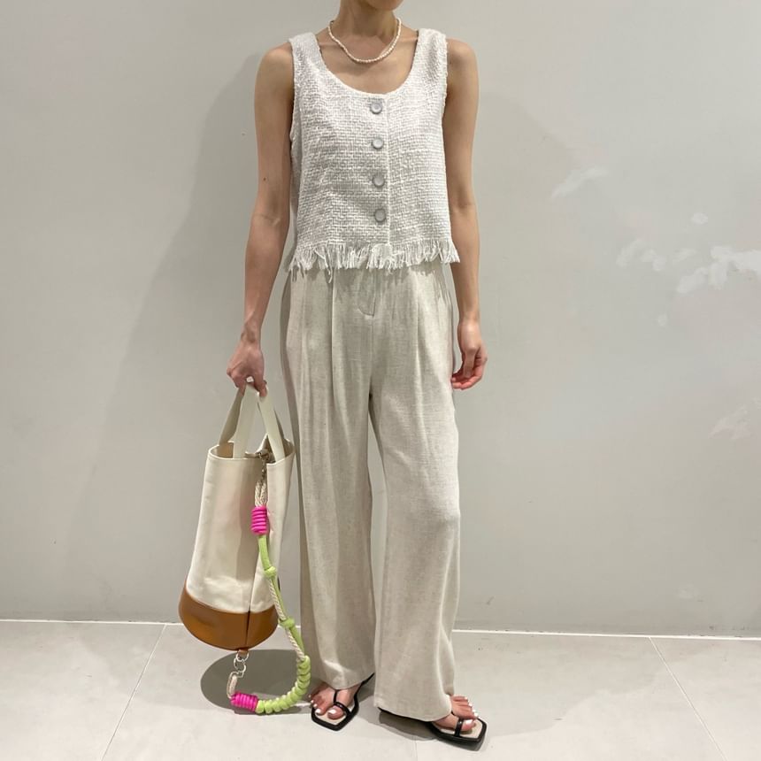 Scoop Neck Fringed Tweed Button Vest