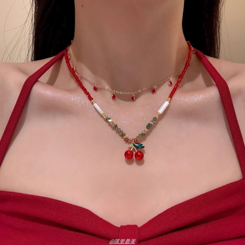 Necklace Beaded Cherry Layered Pendant