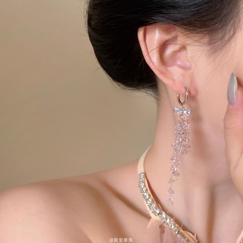 Fringed Rhinestone Earring Drop Bow Huggie