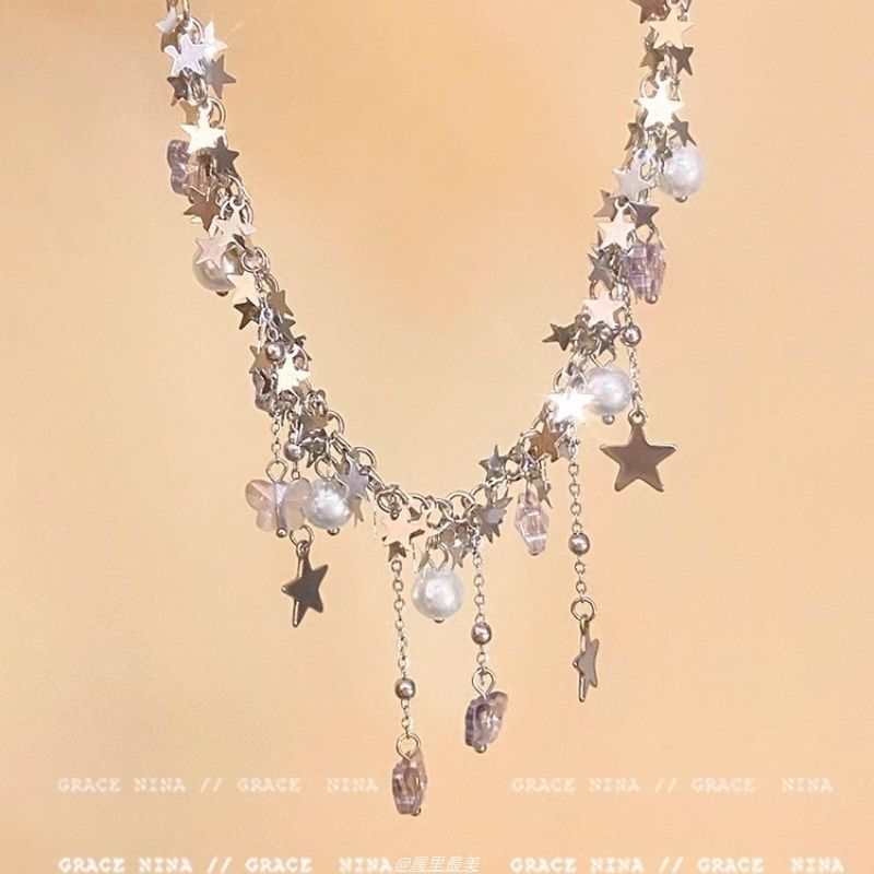 Faux Pearl Necklace Fringed Star Butterfly
