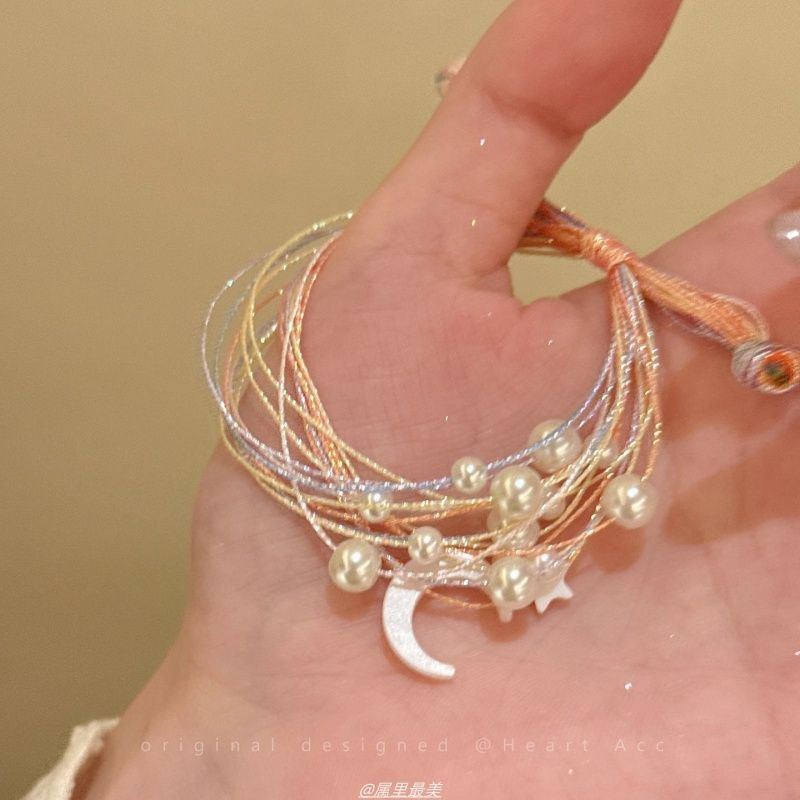 Faux String Bracelet Pearl Moon Layered