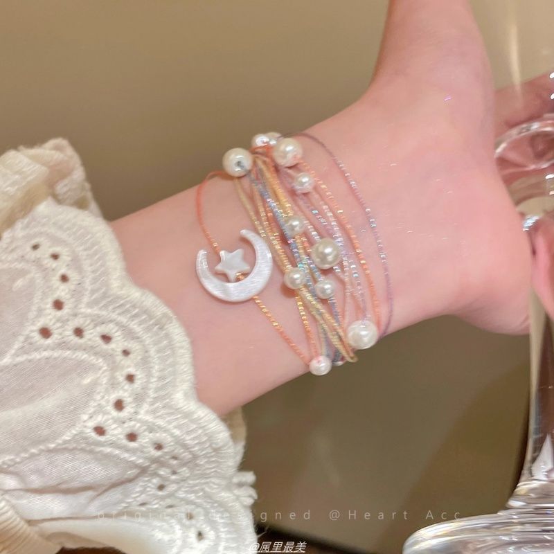 Faux String Bracelet Pearl Moon Layered
