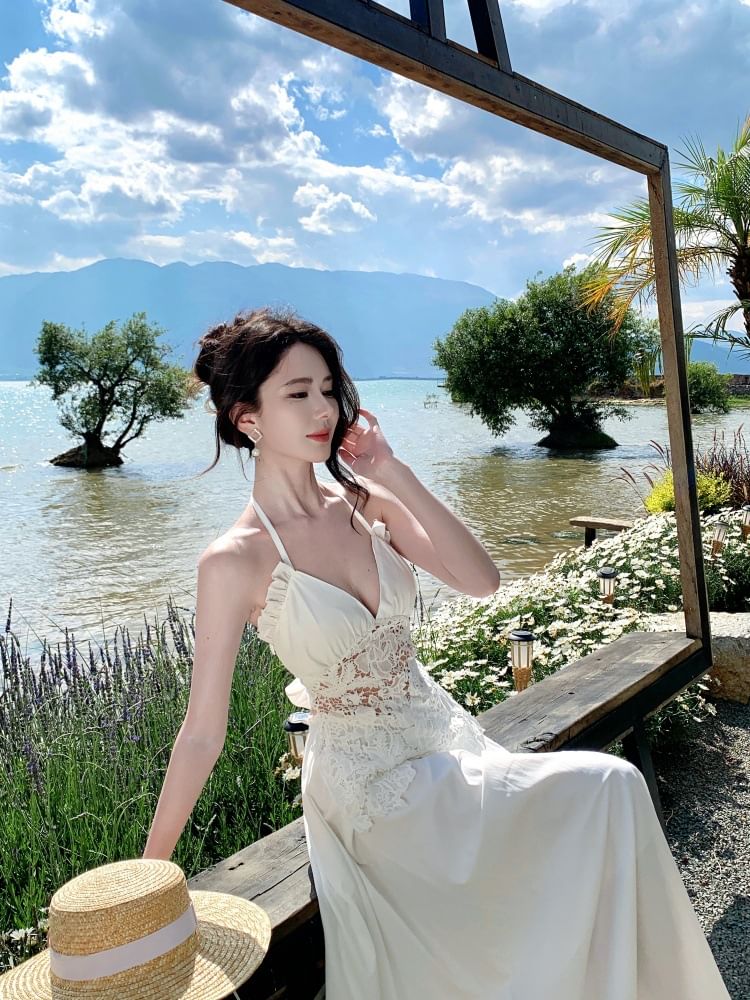 Lace Panel Maxi Dress with Frill Trim and Open Back - NoBrand