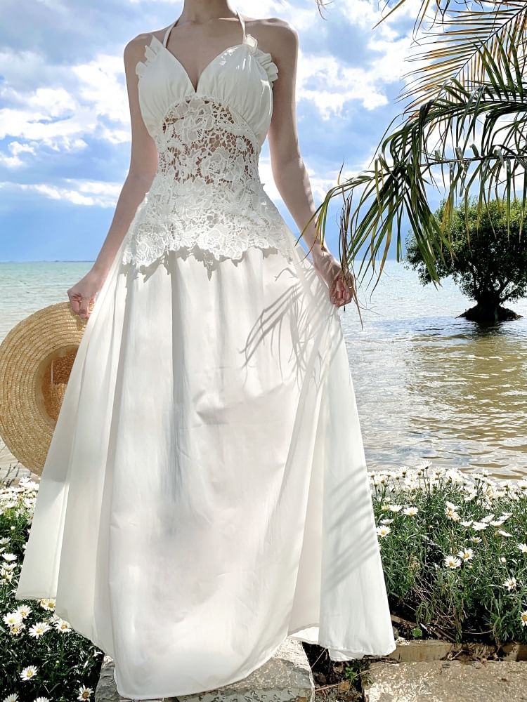 Lace Panel Maxi Dress with Frill Trim and Open Back - NoBrand