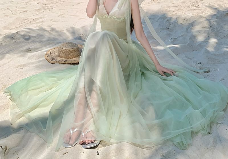 Mesh Maxi Dress with Spaghetti Strap and Frill Trim - NoBrand