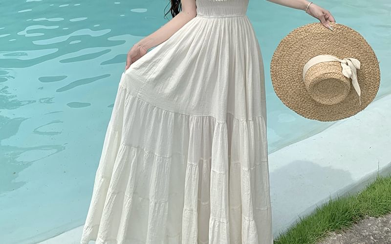 Frayed Maxi A-Line Dress with Off-Shoulder and Ruffle Trim - NoBrand