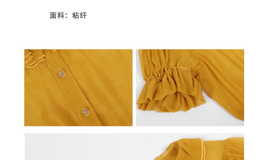 Sheer Plain Ruffled-Collar Short-Sleeved Blouse