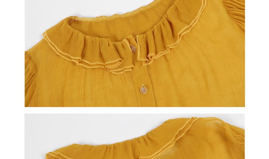 Sheer Plain Ruffled-Collar Short-Sleeved Blouse