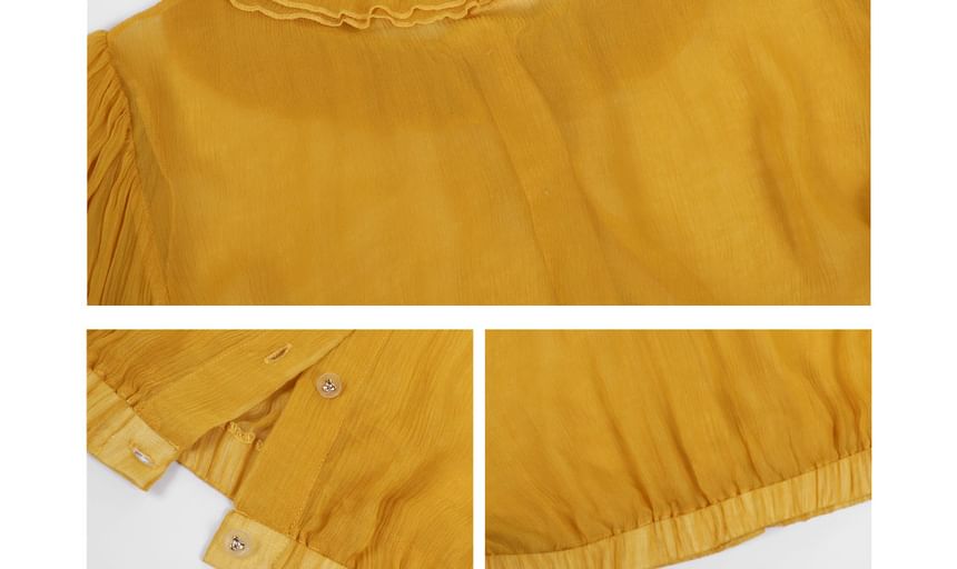 Sheer Plain Ruffled-Collar Short-Sleeved Blouse