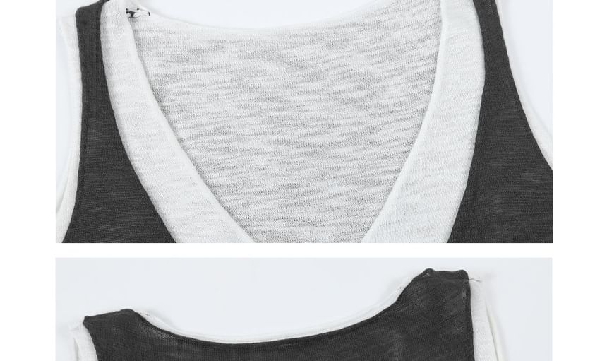 Plain V-Neck Sleeveless Mock Two-Piece Tank Top