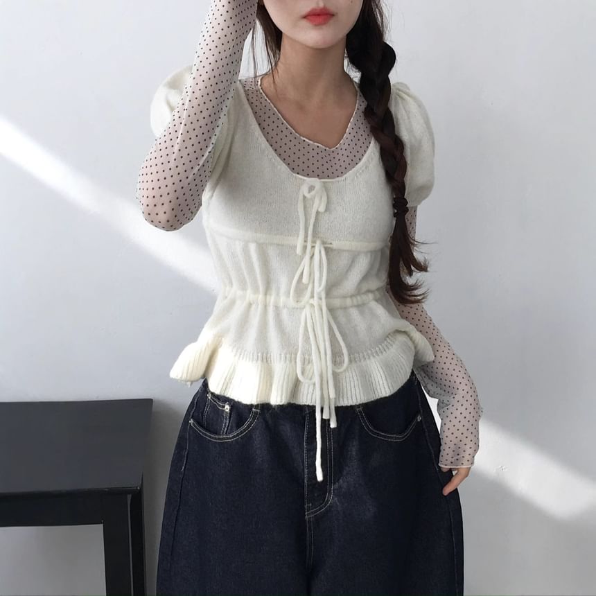 Plain Ruffled-Hem Knit Scoopneck Puff-Sleeved Top