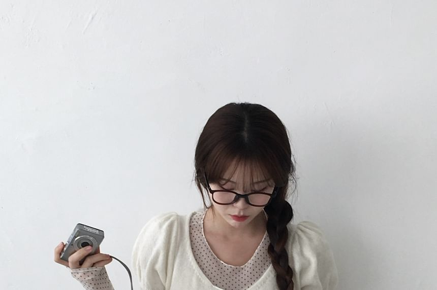 Plain Ruffled-Hem Knit Scoopneck Puff-Sleeved Top
