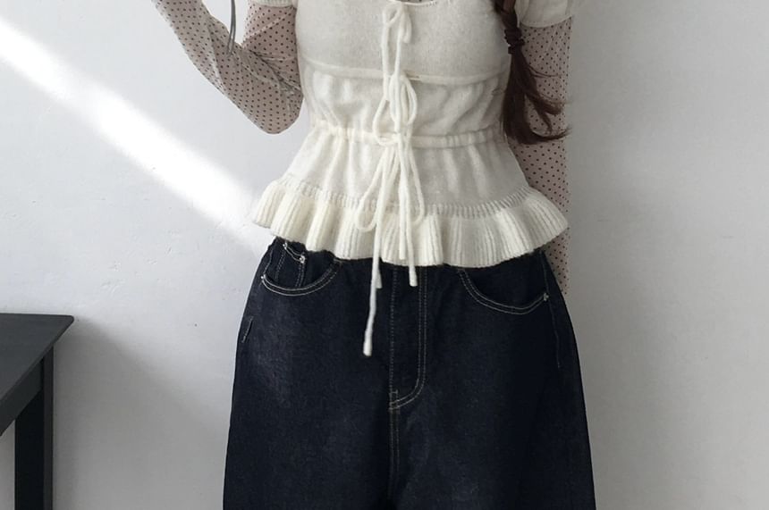 Plain Ruffled-Hem Knit Scoopneck Puff-Sleeved Top