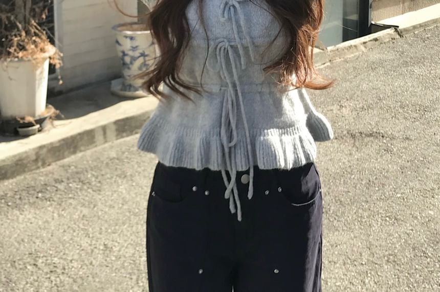 Plain Ruffled-Hem Knit Scoopneck Puff-Sleeved Top