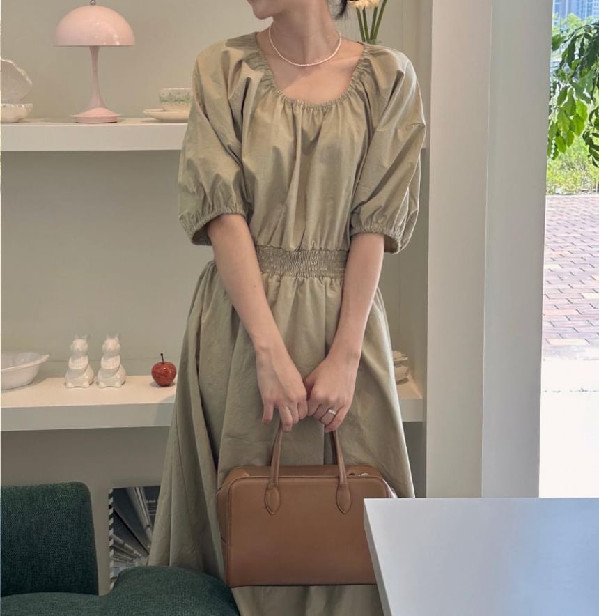 Maxi A-Line Dress with Puff Sleeves and Round Neck - NoBrand