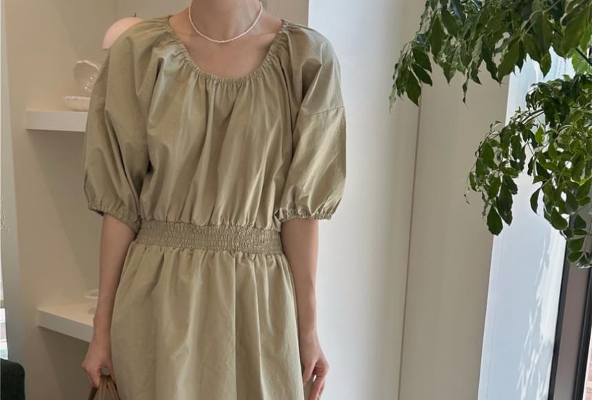 Maxi A-Line Dress with Puff Sleeves and Round Neck - NoBrand