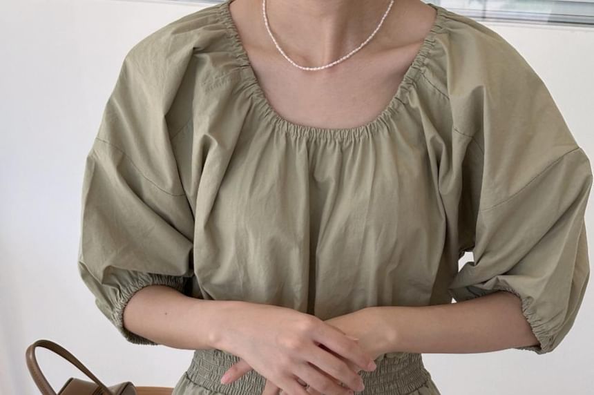Maxi A-Line Dress with Puff Sleeves and Round Neck - NoBrand