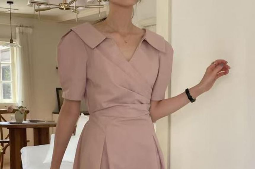 Ruched Wrap Maxi Dress with Short Sleeves and Collar - NoBrand