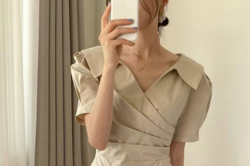 Ruched Wrap Maxi Dress with Short Sleeves and Collar - NoBrand