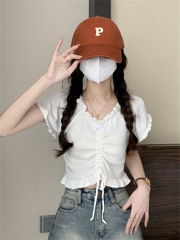 Plain Frill-Trimmed Ruched Drawstring V-Neck Cropped Tee