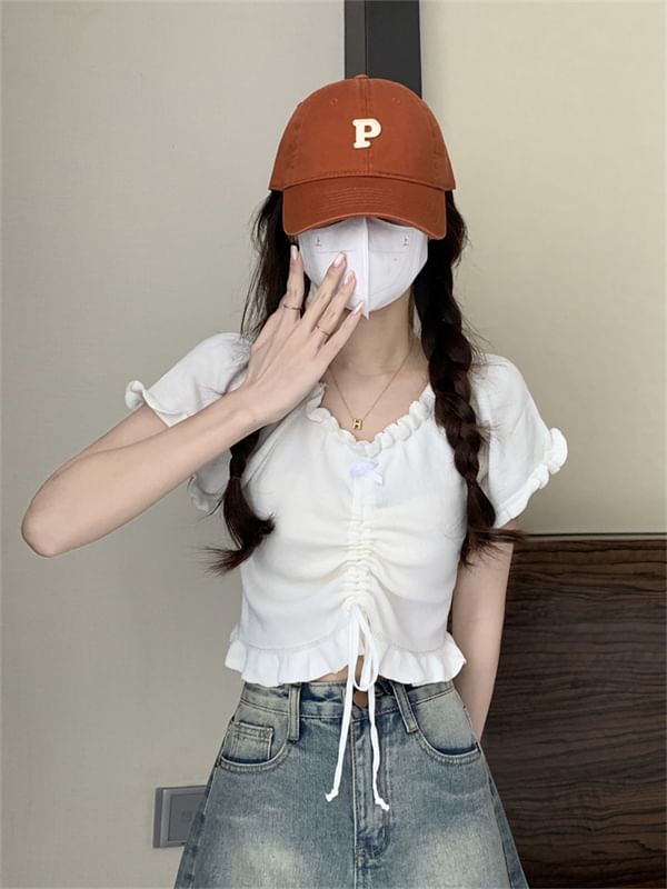 Plain Frill-Trimmed Ruched Drawstring V-Neck Cropped Tee