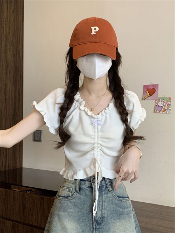 Plain Frill-Trimmed Ruched Drawstring V-Neck Cropped Tee