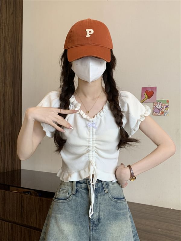 Plain Frill-Trimmed Ruched Drawstring V-Neck Cropped Tee