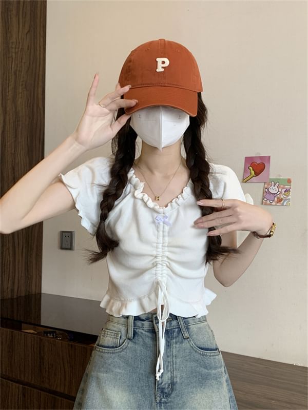 Plain Frill-Trimmed Ruched Drawstring V-Neck Cropped Tee