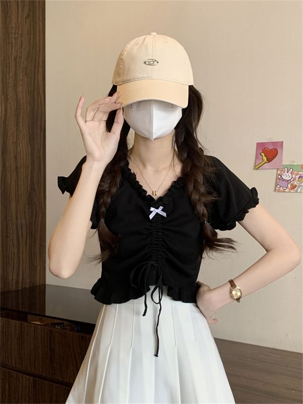 Plain Frill-Trimmed Ruched Drawstring V-Neck Cropped Tee