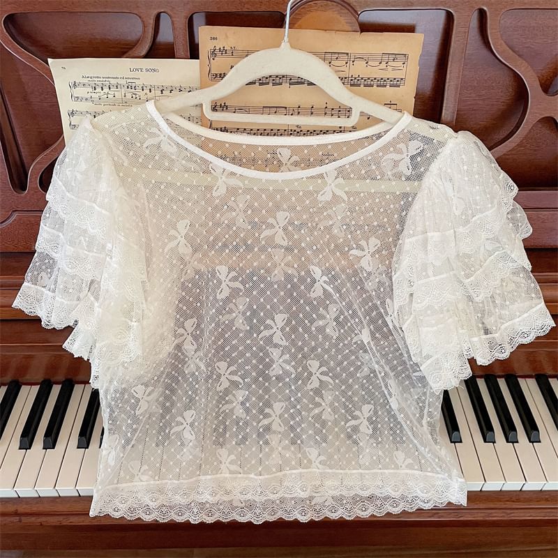 See-Through Lace Roundneck Short-Sleeved Cropped Top