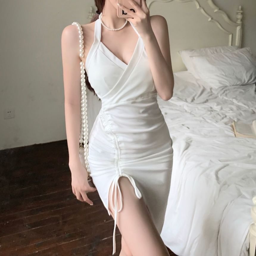 Halter Sleeveless Mini Dress Ruched