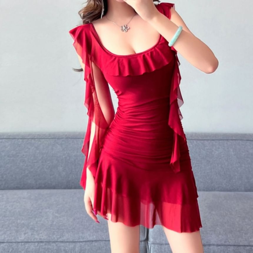 Mini Dress Neckline Ruffle Butterfly Sleeve