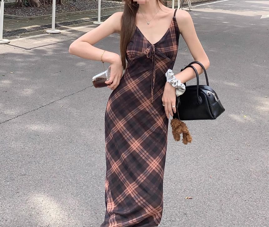 Print Maxi Plaid Dress Sleeveless V-Neck
