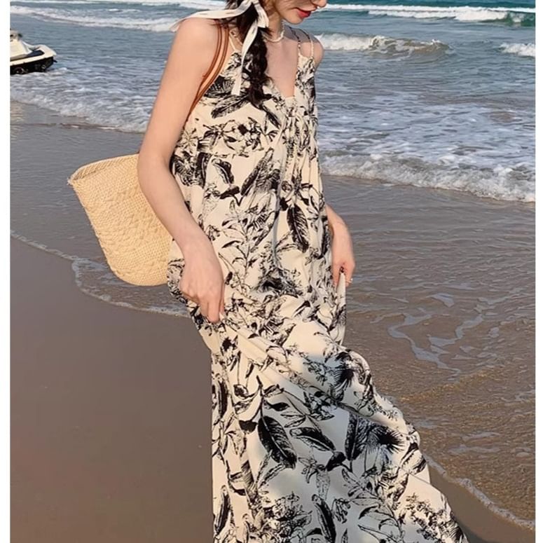 Maxi Floral Spaghetti Dress Strap Print V-Neck