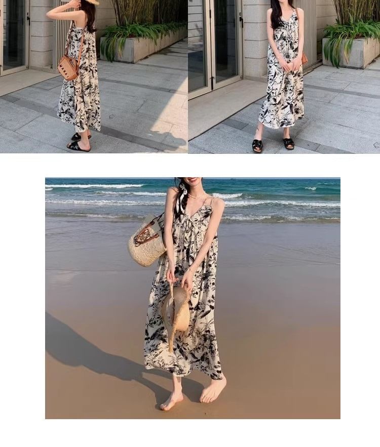 Maxi Floral Spaghetti Dress Strap Print V-Neck