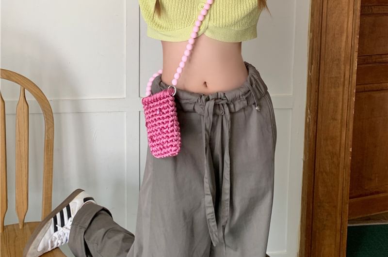 Plain Collared Crop Knit Top Short-Sleeve