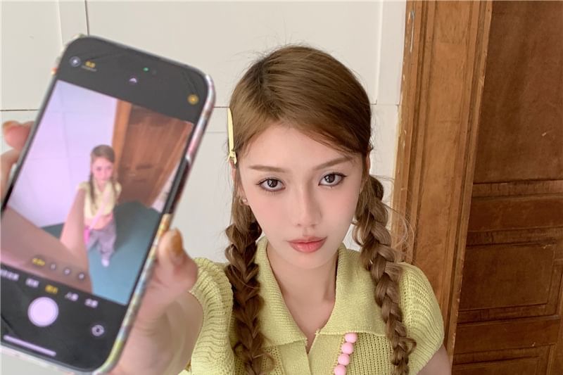 Plain Collared Crop Knit Top Short-Sleeve