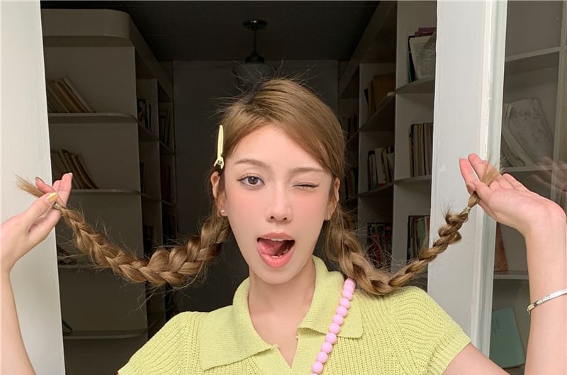 Plain Collared Crop Knit Top Short-Sleeve