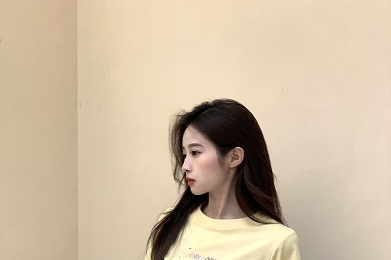 T-Shirt Embroidered Crop Crewneck Short-Sleeve