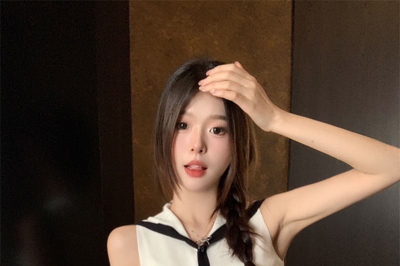 Knit Sleeveless Top Sailor Collar Button-Up