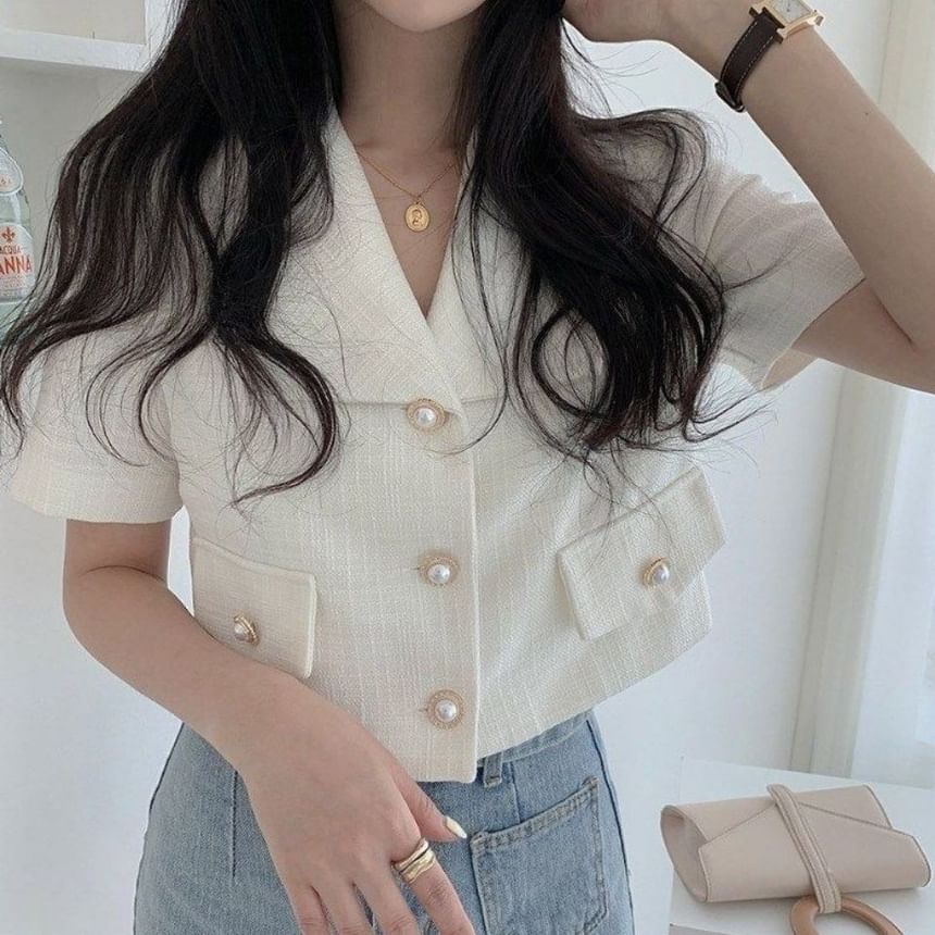 Short-Sleeve Collared Button-Up Tweed Jacket