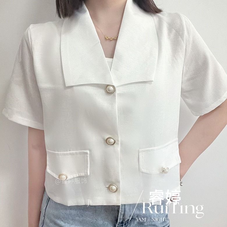 Short-Sleeve Collared Button-Up Tweed Jacket