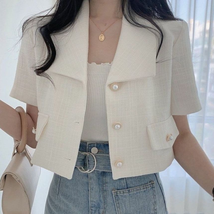 Short-Sleeve Collared Button-Up Tweed Jacket