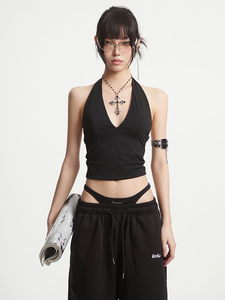 Plain Fishbone Halterneck Cropped Top