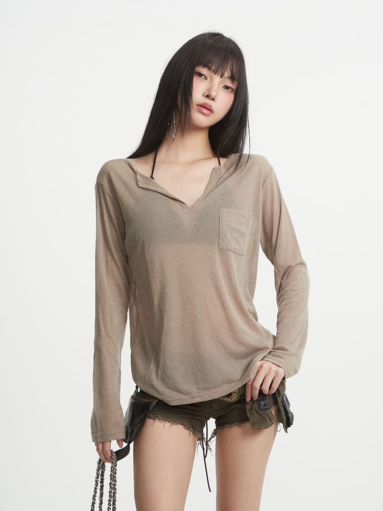 Plain V-Neck Long-Sleeved Tee