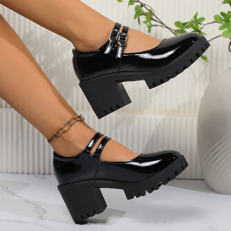 Platform Leather Mary Patent Jane Pumps Heel Block