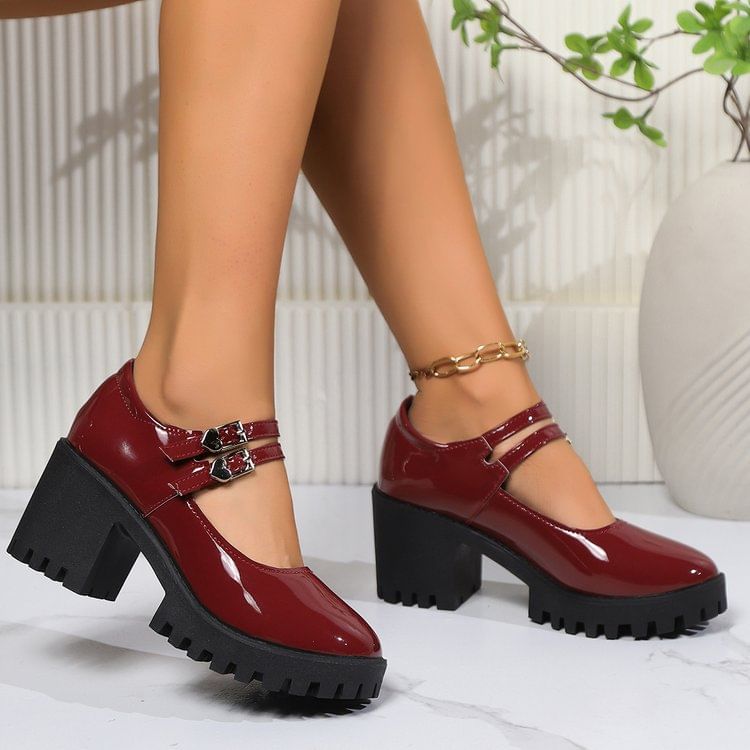 Platform Leather Mary Patent Jane Pumps Heel Block