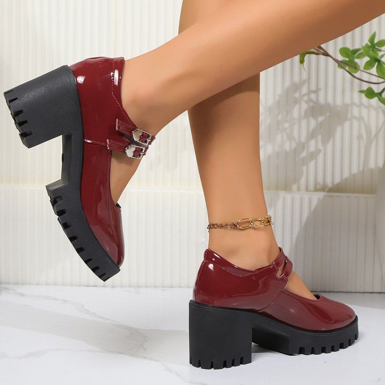 Platform Leather Mary Patent Jane Pumps Heel Block