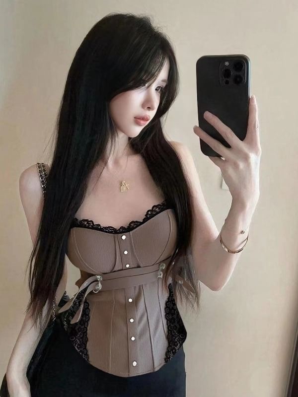 Lace-Paneled Buckled Padded Cropped Cami Top