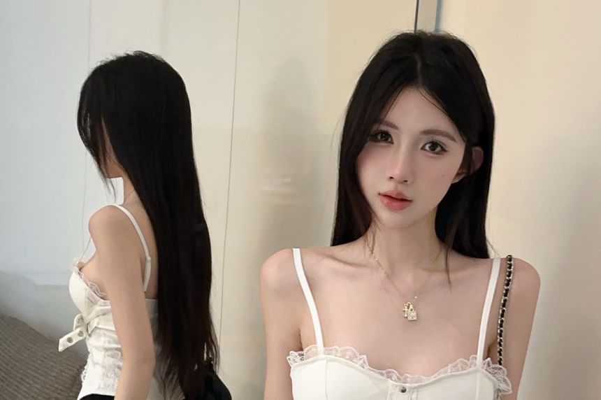 Lace-Paneled Buckled Padded Cropped Cami Top